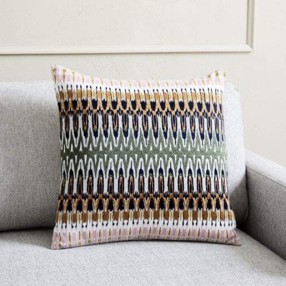 NWOT - WEST ELM - Embroidered Ikat Reflection Pillow Cover - Green 18” x 18”